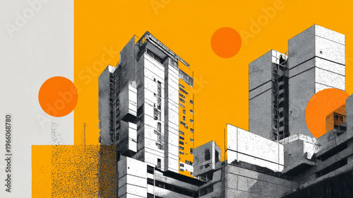 Modern City Skyscrapers With Orange Background For Urban Concepts