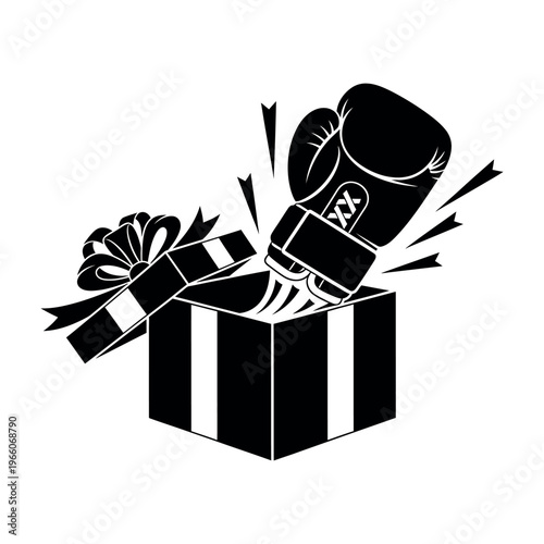 Black and white vector illustration of a boxing glove emerging from a gift box.