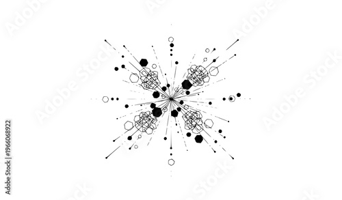 A black and white vector graphic illustration of a stylized starburst design with various sized circles and lines radiating from the center on a transparent background