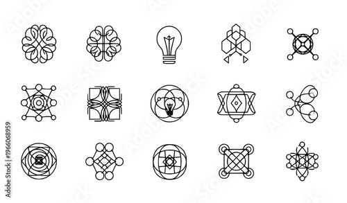 A collection of 14 minimalist line art icons depicting various geometric and molecular structures including brains light bulbs and abstract designs in a simple black and white style