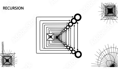 A vector graphic illustration of a recursive design featuring concentric squares and circles with a smaller versions of the design in the corners on a white background.