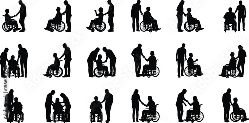 wheelchair assistance silhouettes collection, caregiver helping disabled person, healthcare support concept, rehabilitation and accessibility illustration, medical aid teamwork, inclusive 