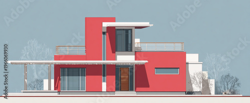 Modern Red House Exterior with Balcony and Flat Roof Design For Architecture Concepts
