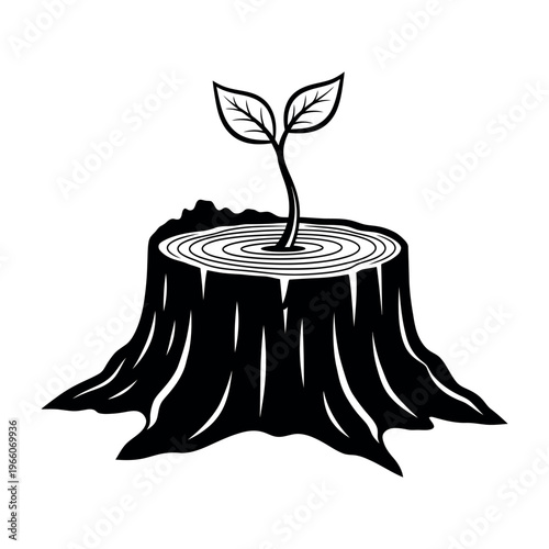 New life growing from old tree stump, symbolizing regeneration and environmental recovery.
