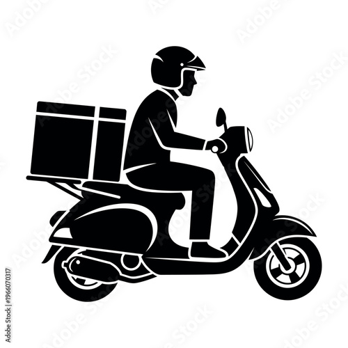 Simple black icon of a courier riding a scooter for quick delivery.