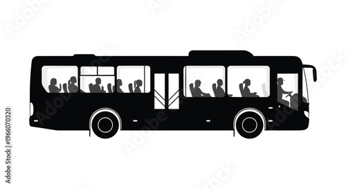 A black silhouette of a public transit bus filled with passengers looking in various directions silhouette high quality professional detailed modern
