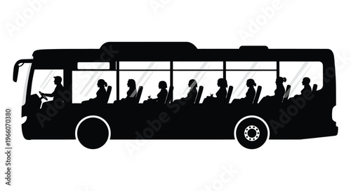 A black silhouette of a full passenger bus with people seated inside showcasing urban transit and travel silhouette high quality professional
