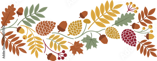 Autumn Leaves and Forest Elements Border with Oak, Maple, Acorns, Pine Cones, and Berries in Warm Fall Colors for Seasonal Decoration and Nature Design