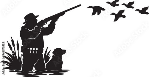 Waterfowl hunting silhouette: hunter with dog aims shotgun at flying ducks with outdoor activity