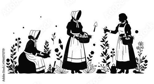 Three women in historical attire tend a garden filled with flowers and foliage depicted as a silhouette high quality professional detailed