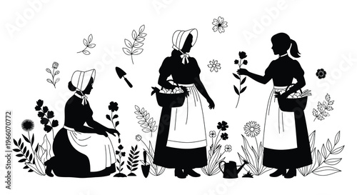 Three women tending a garden with flowers and tools depicted in a striking black silhouette high quality professional detailed modern elegant