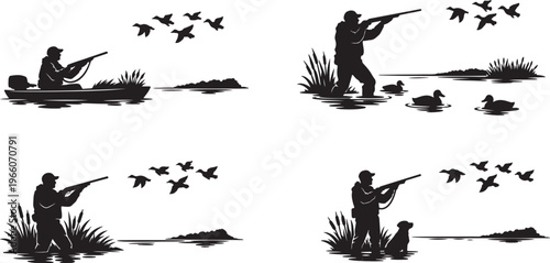 Duck hunting silhouettes: hunters on boat and shore with shotguns with outdoor activity with black and white