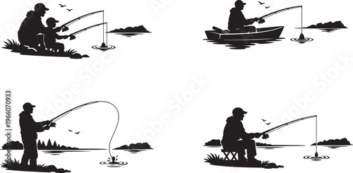 Fishing silhouettes: father and son, boat fishing, angler with rod, black and white