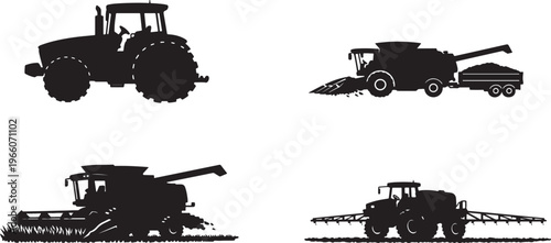 Silhouette collection of agricultural machinery: tractors and combines on white background with combine harvest