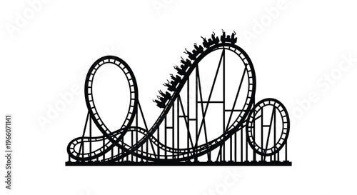 A striking black silhouette depicts a thrilling rollercoaster looping and twisting through a complex track silhouette high quality professional detailed modern