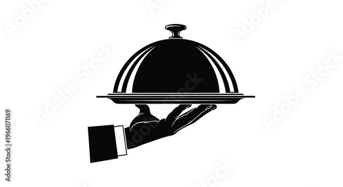 A black silhouette of a hand presenting a covered dish on a platter evoking fine dining service silhouette high quality professional