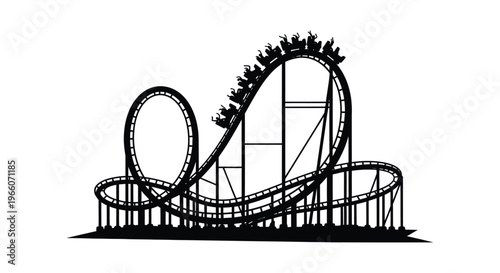 A striking black silhouette depicts a thrilling rollercoaster with looping tracks and ascending cars silhouette high quality professional detailed modern