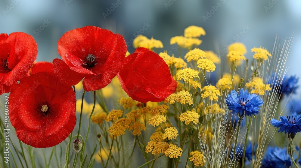 Fototapeta premium Red poppies and blue flowers grow in a meadow filled with bright yellow blooms against a blue sky during spring season