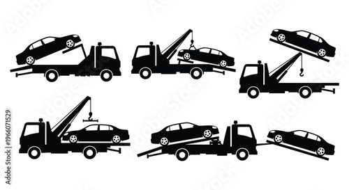 A collection of tow truck illustrations showcasing various vehicle recovery scenarios presented as a clean silhouette high quality professional detailed modern