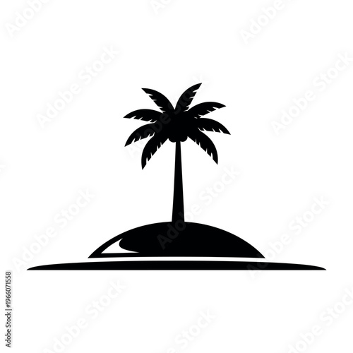 Minimalist black silhouette of a tropical palm tree on a small island.