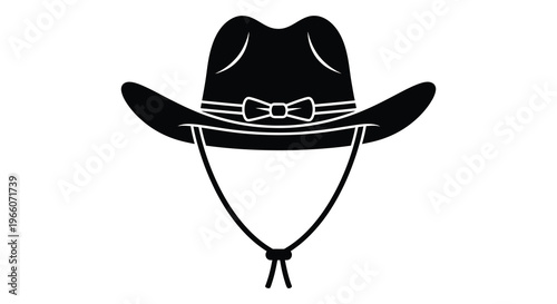 A striking black silhouette of a classic cowboy hat with a decorative band and chin strap silhouette high quality professional detailed