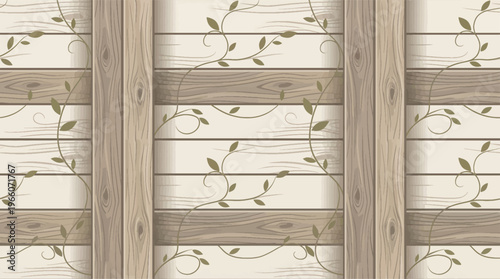 Vertical wooden beams frame a repeating background design of pale horizontal slats overlaid with delicate, winding brown vines and small green leaves.