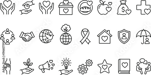 Charity and Donation Line Icon Set with Helping Hands, Heart Care, Volunteer Support, Healthcare, Community, Environment, and Social Responsibility Symbols