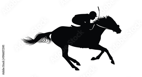 A dynamic image showcasing a jockey riding a galloping horse captured in a striking black silhouette high quality professional detailed modern