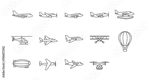 Variety of aircraft line icons planes helicopters and airships