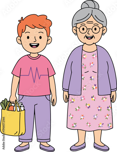 Cartoon vector illustration of younger person with groceries and older woman in floral dress showing family connection
