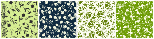 Seamless floral patterns with flowers and leaves in green and dark blue colors. Set of vector seamless floral prints