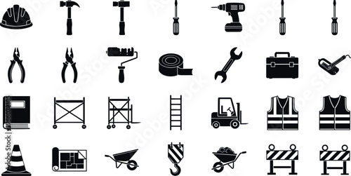 Black and White Construction Tools and Equipment Vector Icons Set Featuring Hammer, Drill, Wrench, Safety Gear, Forklift, and Building Materials