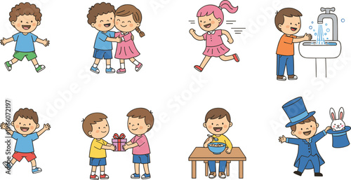 Cartoon children vector illustration showing playful activities including jumping, hugging, running, washing hands, eating, sharing, and magic tricks