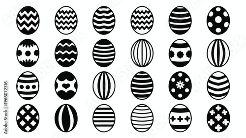 An arrangement of decorated Easter eggs on a plain background