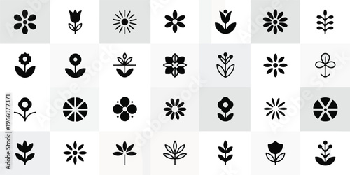 A collection of 40 minimalist geometric designs featuring various floral patterns and shapes in black on a white background.