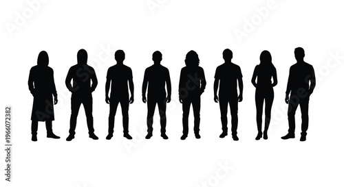 A row of silhouetted figures standing against a white background