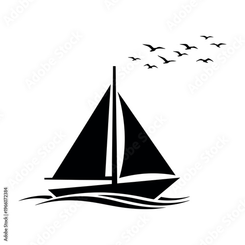 Simple black silhouette of a sailboat sailing on the ocean with birds flying above