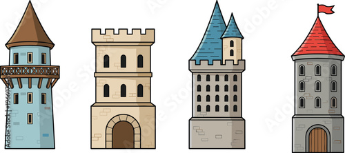 Medieval castle tower vector illustration featuring cylindrical, rectangular, and stone designs with conical roofs and battlements