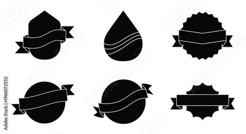 Black and white graphic designs featuring circular and geometric ribbon emblems