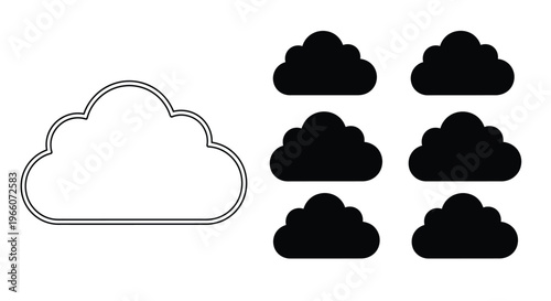 Black and white illustration of a cloud outline and filled clouds