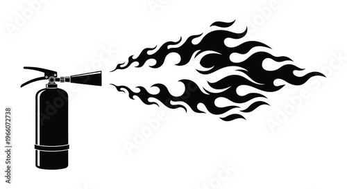 A black silhouette of a fire extinguisher expelling a dynamic swirling flame design against a white background silhouette high quality professional