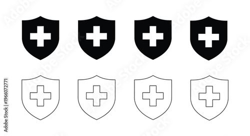 Four black shields with white plus signs and four white shields with black plus signs