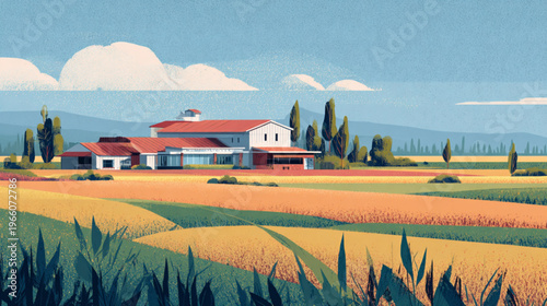 Farmhouse With Red Roof Standing Amidst Lush Fields And Trees Under Blue Sky For Rural Agriculture Concepts