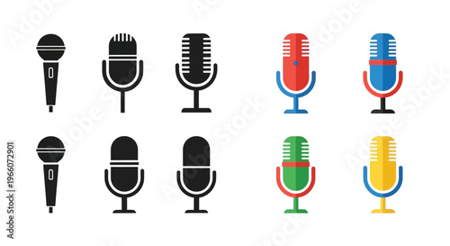 A collection of diverse microphone icons in varying styles and colors