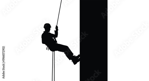 A rock climber descends a sheer cliff face utilizing ropes and gear presented as a striking silhouette high quality professional detailed