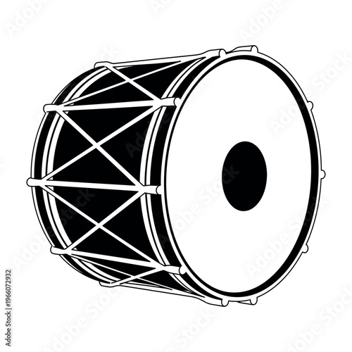 Black and white vector illustration of a traditional large drum with lacing.