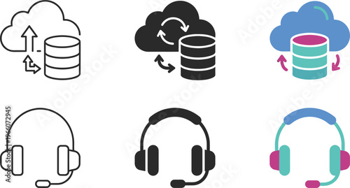 Cloud Storage and Customer Support Icon Set with Data Sync, Headset, and Communication Tools Vector Collection