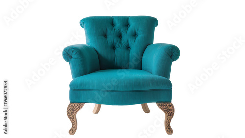 Foto Teal tufted armchair ornate carved wooden legs, isolated on transparent backgrou