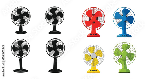 Collection of colorful electric fans in various designs and styles