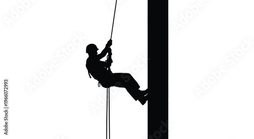 A climber rappels down a tall dark structure showcasing a dramatic black silhouette high quality professional detailed modern elegant stylish clean